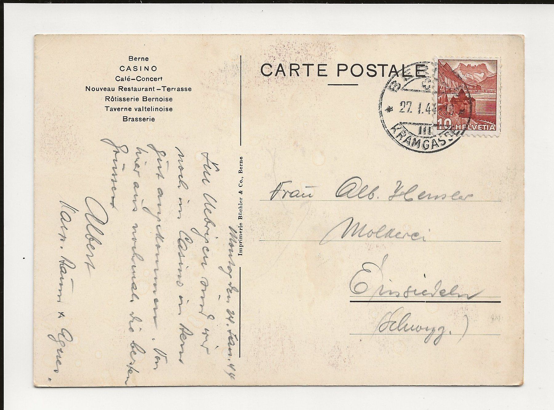 Cartoline postali: AK 1944 Bern Casino – Usato da Greifensee venduto da 315WDO 1