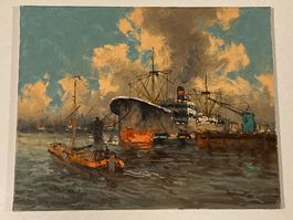 Van Norden Landschaftsgemälde signiert mit Schiffe in Hafen