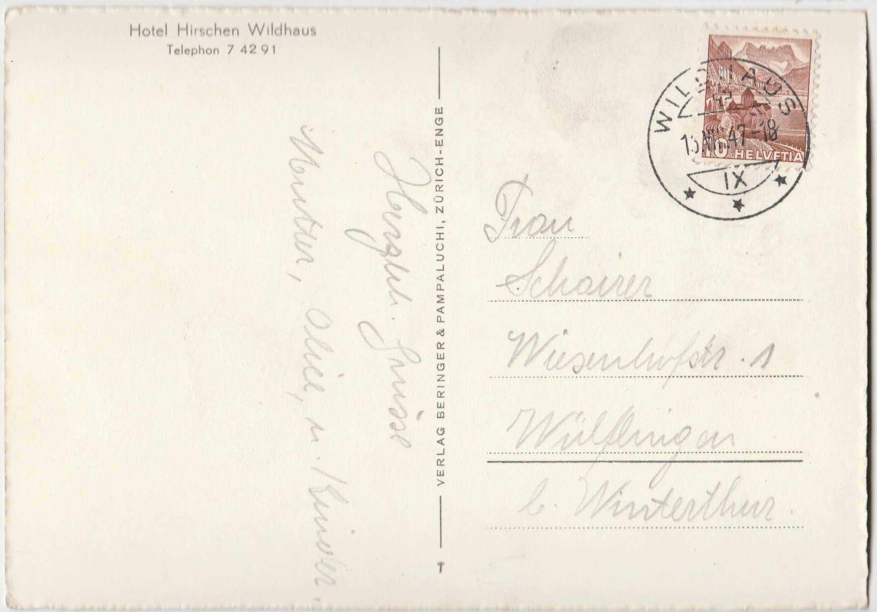 Cartoline postali: Hotel Hirschen - 1947 – Usato da Fällanden venduto da Blausegelfliege 1