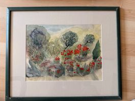 Gemälde Mohnblumenfeld 1973 mit Rahmen - Sommerlandschaft...