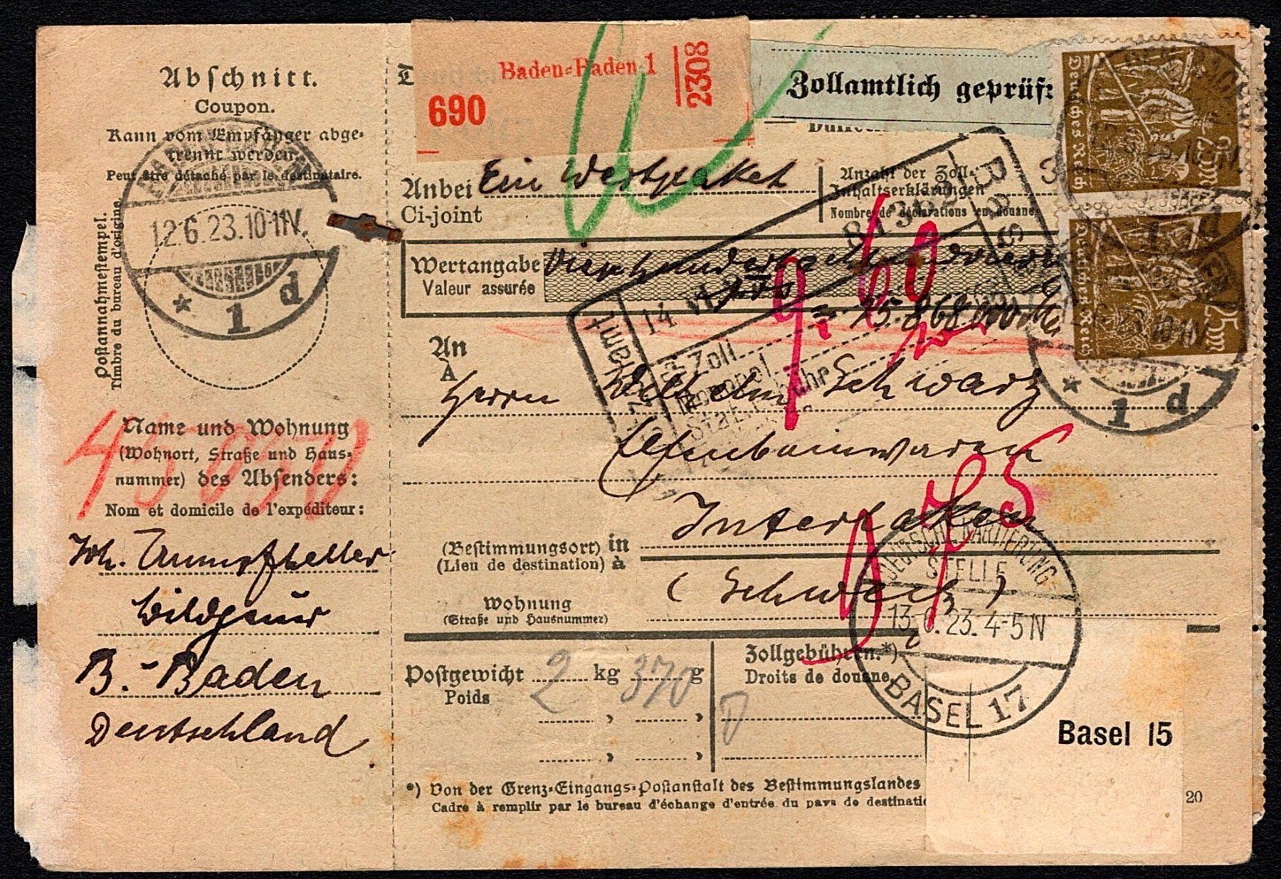 Tutti i francobolli: 1923_DR - Versand-Beipackzettel v. Baden-Baden - Interlaken – Usato da Thun venduto da Nissan