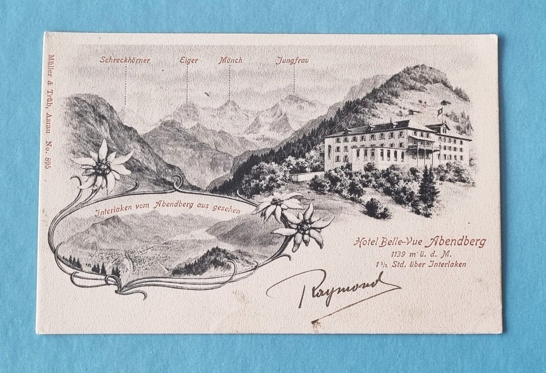 Cartoline postali: Abendberg  - Hotel Bellevue mit Bergkullisse - 1905 – Usato da Rothrist venduto da RROENK