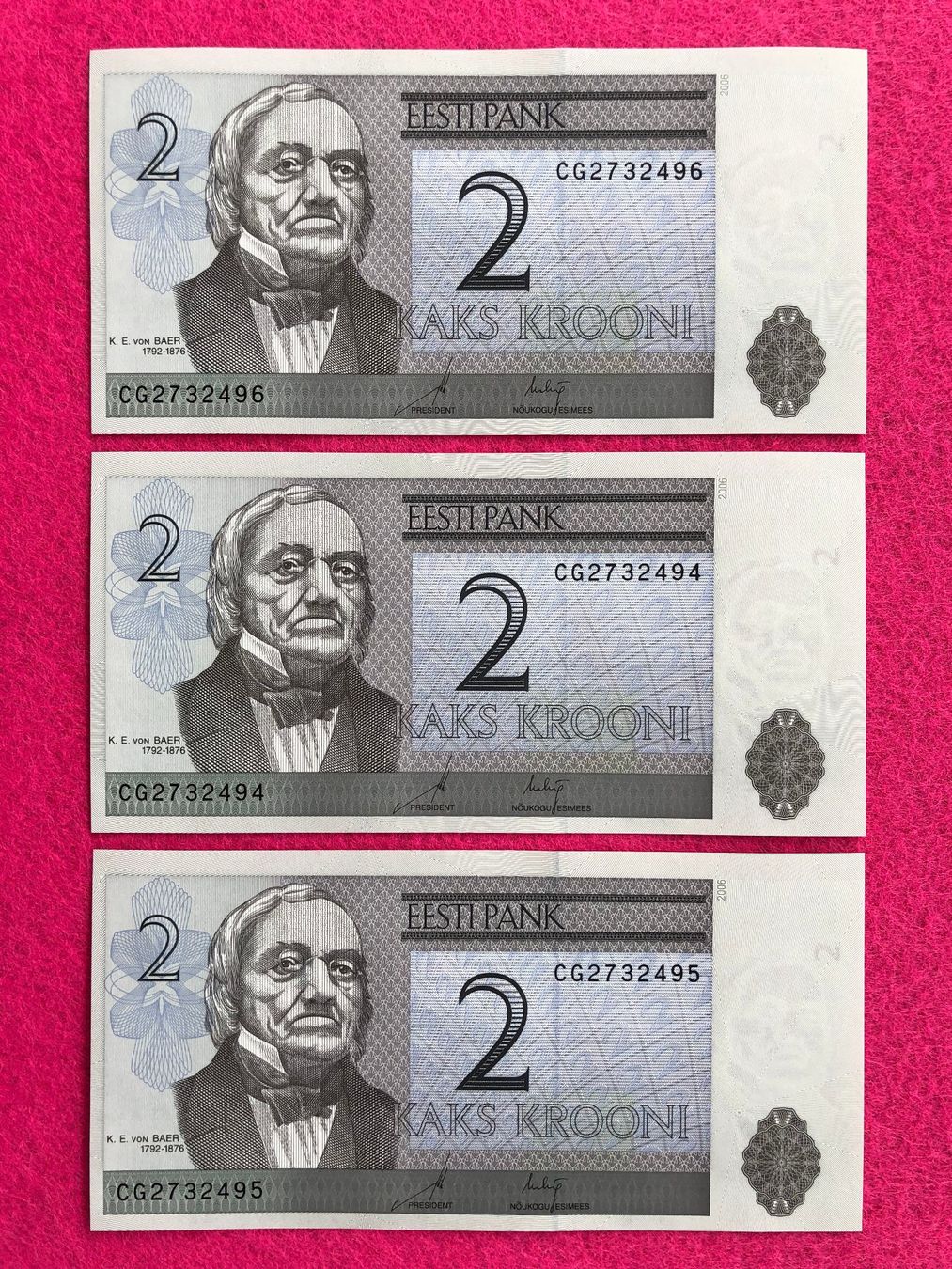 Banconote: Estland 2006 - 3 x 2 Krooni UNC – Nuovo e nell'imballaggio originale da Pfäffikon SZ venduto da Sieben77 1