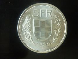 Letzte Silber Prägung 5 Fr. 1969  Unz. / Stgl. Ungereinigt