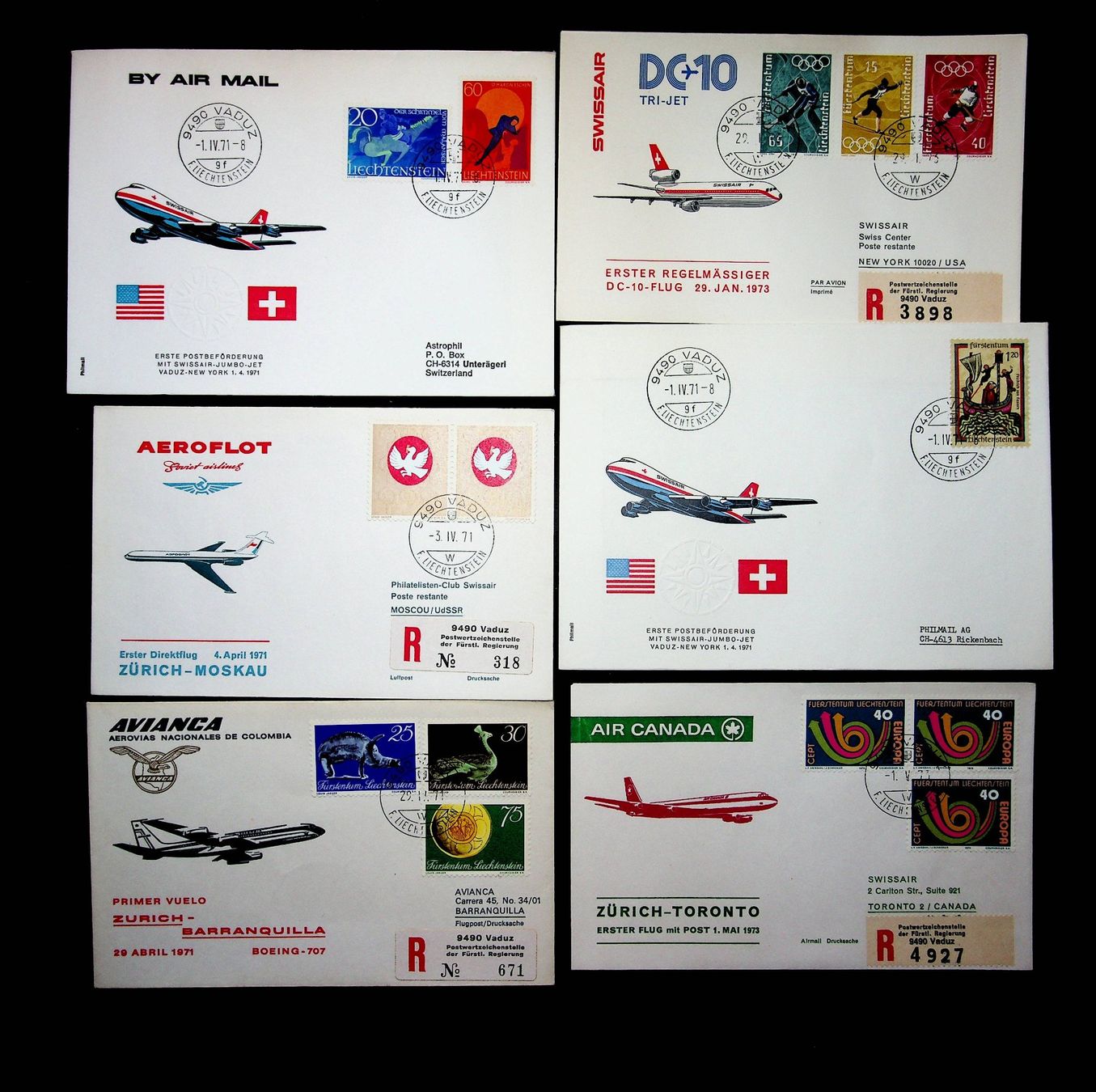 Alle Briefmarken: LIECHTENSTEIN POSTE AÉRIENNE 6 VOLS  1971-1973  /U898 – Gebraucht aus Estavayer-le-Lac von nane85