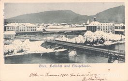 Olten SO // 1900 Bahnhof Postgebäude Winter Schnee Aare