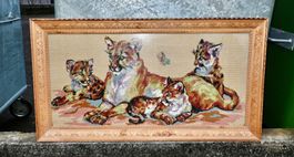 Gobelin PUMA - FAMILIE gerahmt ca. Länge 117 x 65cm
