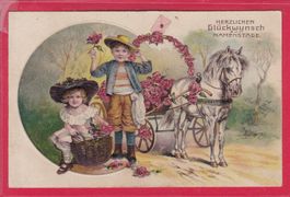PRÄGEKARTE, HERZLICHEN GLÜCKWUNSCH ZUM NAMENSTAGE, 1909