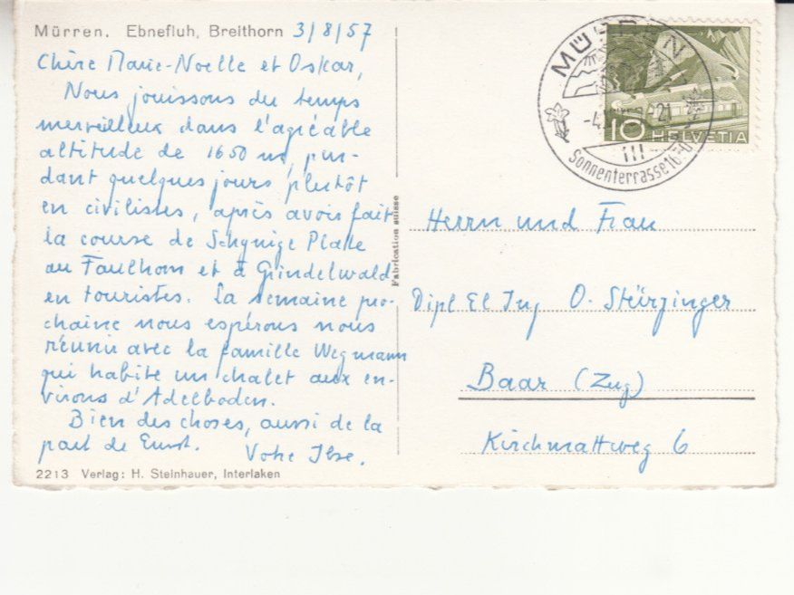 Cartoline postali: Mürren 1957 – Usato da Bürglen TG venduto da StampGraf 1