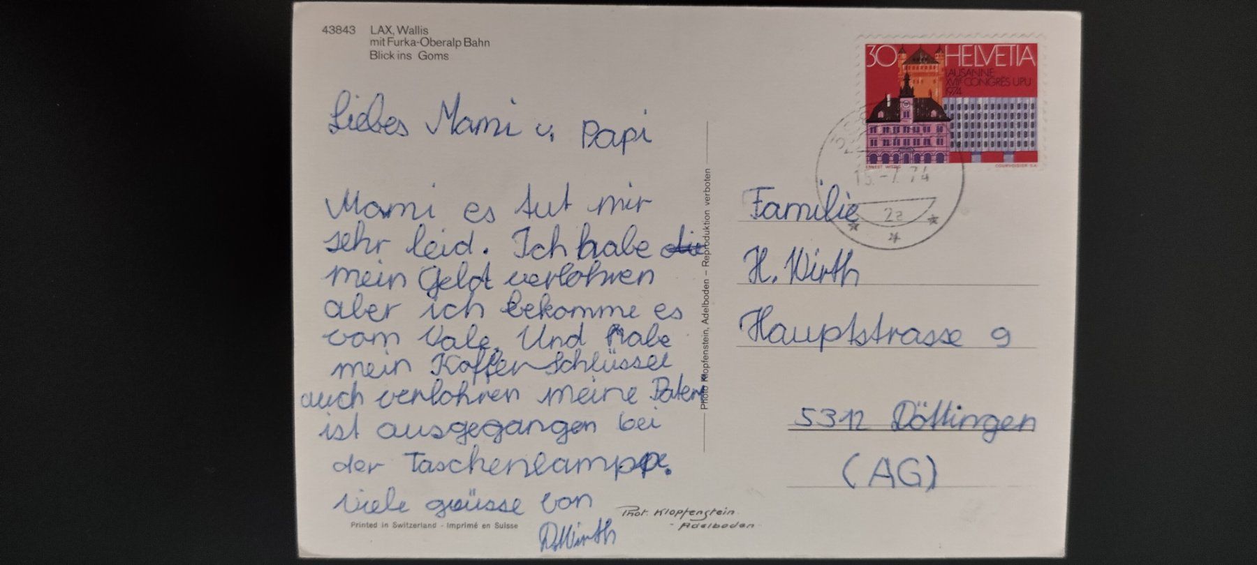 Cartoline postali: Lax Wallis mit Furka Oberalp Bahn. dat. dat. 1974 – Usato da Ohmstal venduto da Lebensfreude05 1