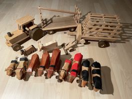 Holzspielzeug Bauernhof, Traktor, Tiere, Anhänger Set