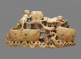 Antike imposante Speckstein-Figurengruppe/Pinselhalter (Nr.2