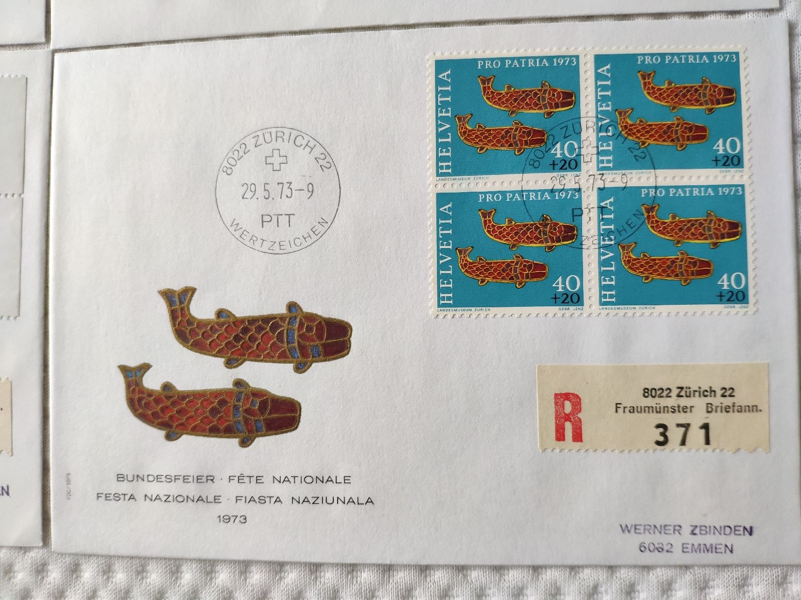 Tutti i francobolli: Pro Patria 1973 FDC avec blocs de quatre – Usato da Lausanne venduto da Jdelta 4