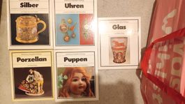 5 Bücher über Glas,Porzellan, Uhren,Silber +Puppen