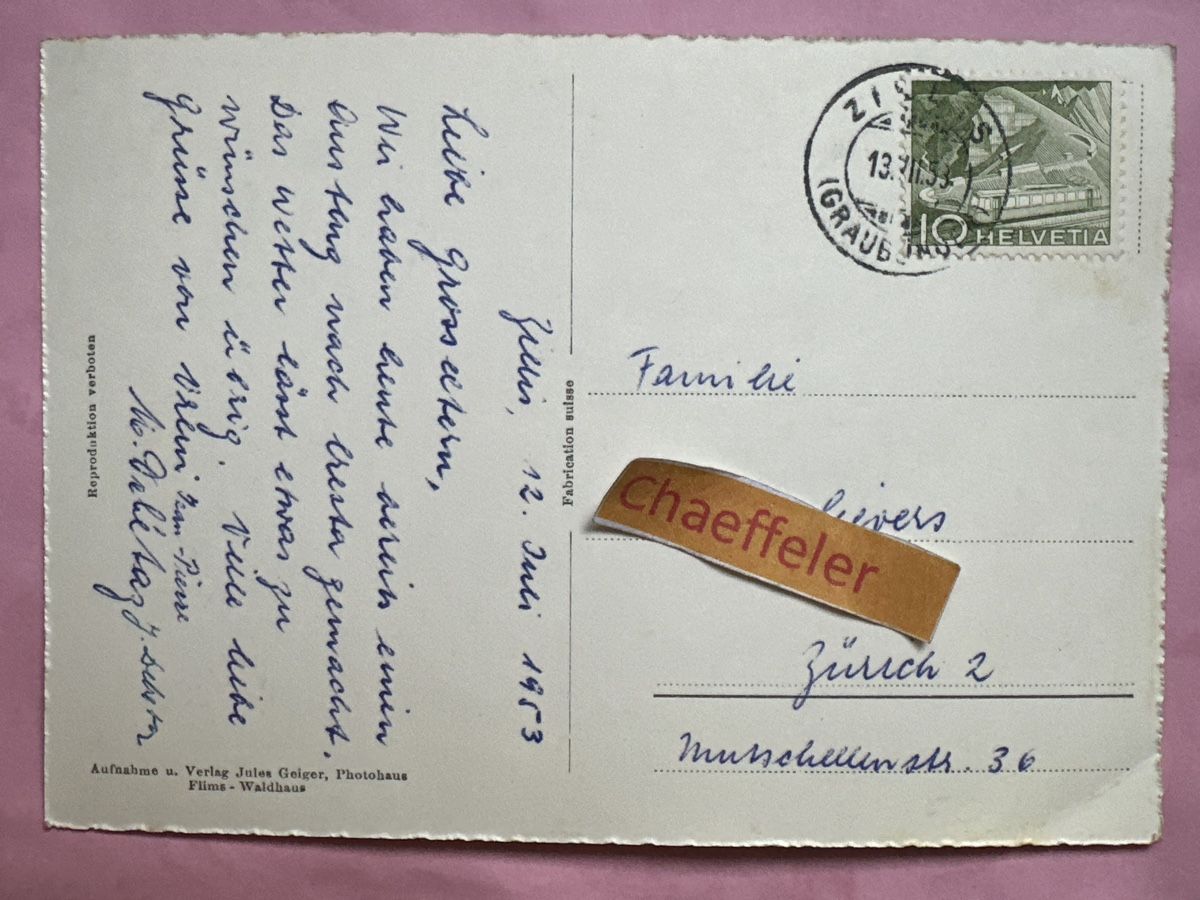 Cartoline postali: 1953 Avers - Cresta (Graub.) – Usato da Zürich venduto da Chaeffeler 1