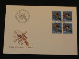 Pro Juventute FDC 1969 Nr. 231 4-Block Einheimische Vögel
