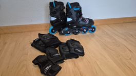 Inline Skates verstellbar Gr.33-37 mit Schoner Set schwarz