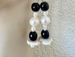 Ohrhänger 925 Silber Onyx Echtperlen fossile Koralle neu 6cm