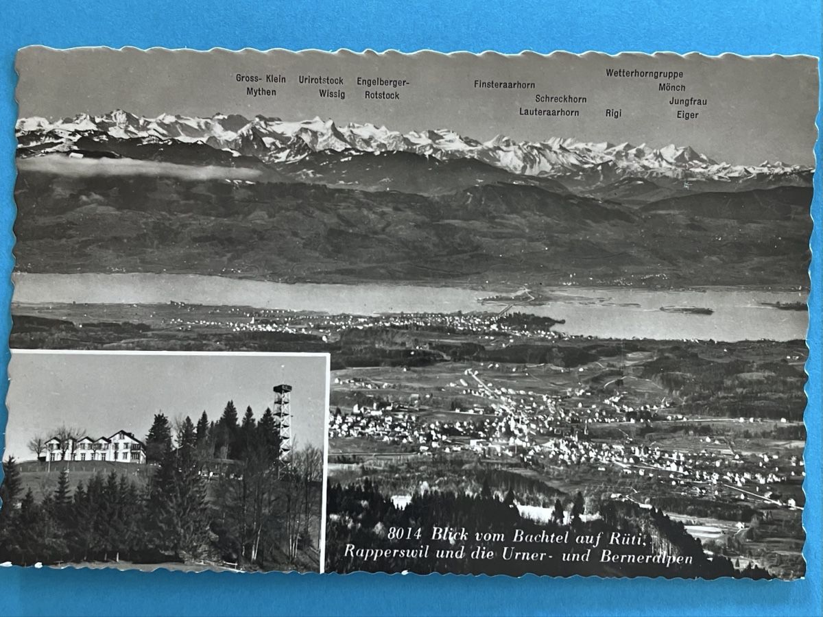 Cartoline postali: Blick vom Bachtel auf Rüti und Alpen – Usato da Bauma venduto da Baumer71