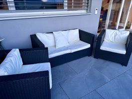 Sofa and armchair set, synthetic rattan, dark grey, with cus