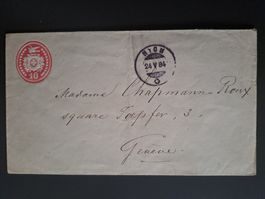 Ganzsache Tübli 10 Rp, gelaufen Nyon nach Genf, 24.5.1884