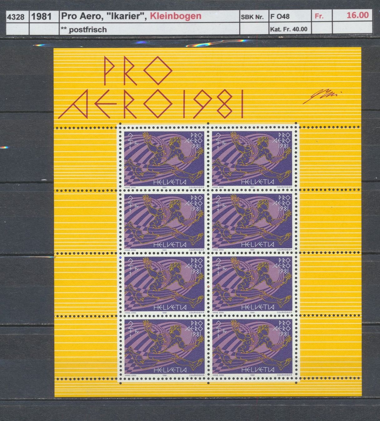 Tutti i francobolli: 1981 Pro Aero, "Ikarier", Kleinbogen, ** postfrisch – Nuovo (secondo la descrizione) da Winterthur venduto da Zupogeru