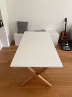 Modern White Table with Unique Wooden Base, Great Condition!