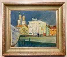 🌟Émile Bonny Gemälde Zürich Limmat Grossmünster sig. 50er🌟