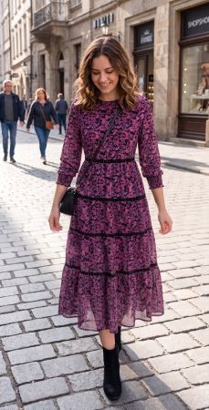 MOHITO Midi-Kleid Blumenmuster lila/schwarz Samtbänder(Gr.S)