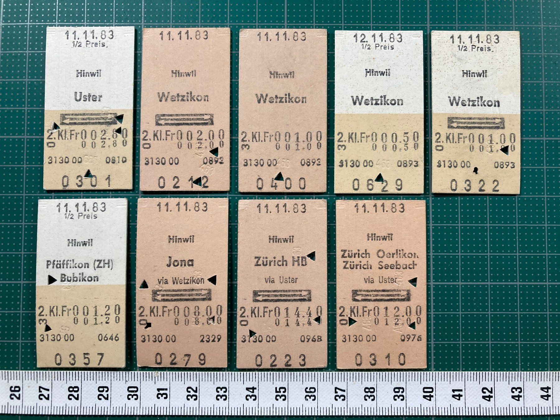 Tickets: Hinwil, 9 Edmondsonsche Bahn Billette, 1983, SBB – Gebraucht aus Lenzburg von fh1