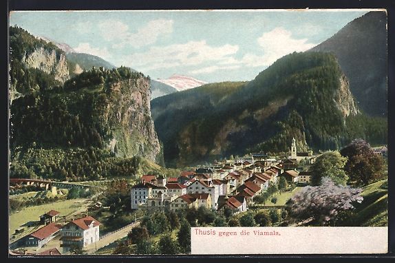 Cartoline postali: Thusis, Ortsansicht mit Viamala-Schlucht – Usato da Berlin venduto da bartko-reher