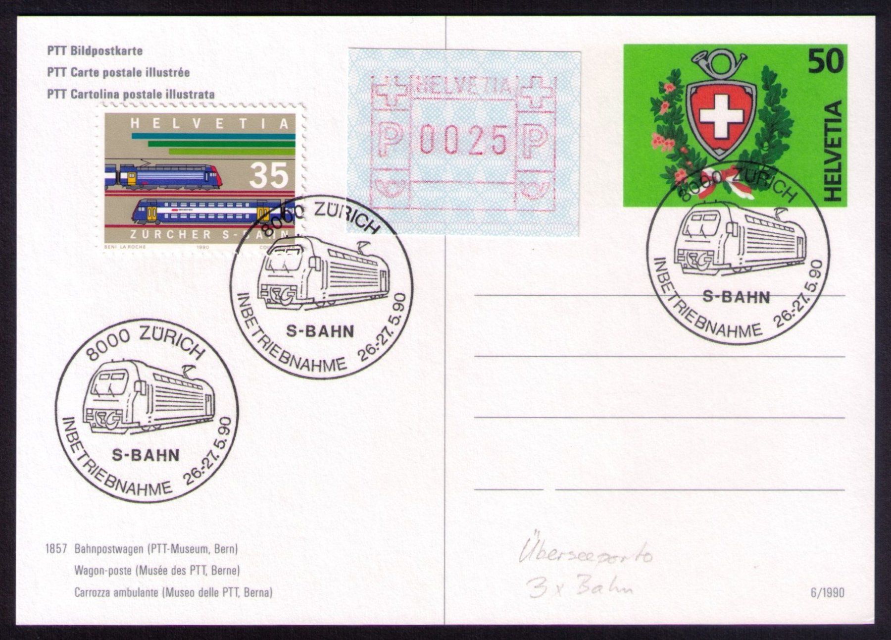 Alle Briefmarken: 1990_786_SONDER-O_INBETRIEBNAHME S-BAHN ZÜRICH_Bahnpostwagen – Gebraucht aus Marthalen von Ch_quality 1