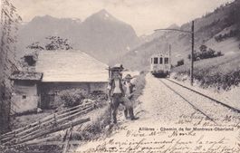 Allières Chemin de fer Montreux-Oberland mit Zug und Bauern