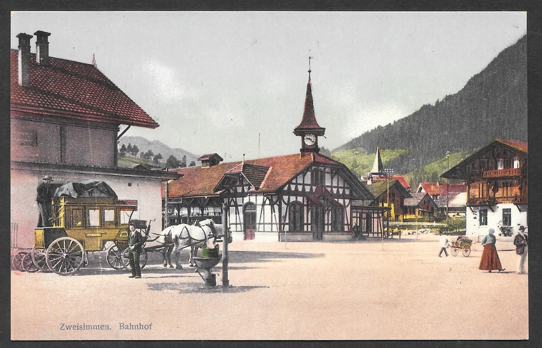 Ansichtskarten: Zweisimmen Bahnhof mit Postkutsche – Gebraucht aus Olten von clotaldi