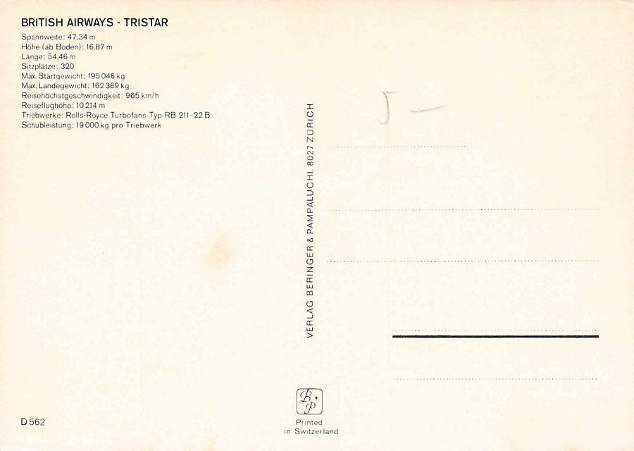 Cartoline postali: British Airways Tristar – Usato da Frauenfeld venduto da POML 1