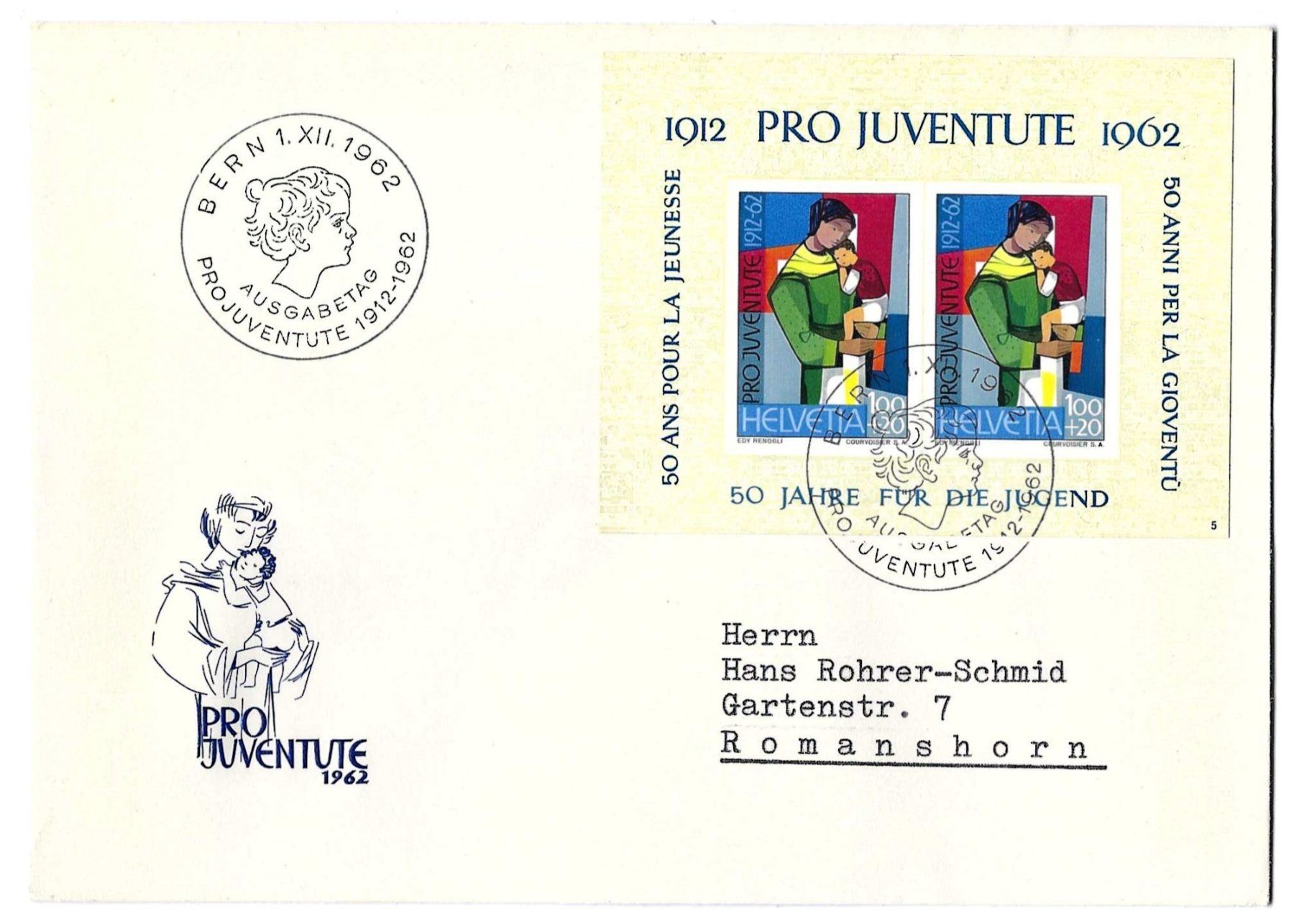 Tutti i francobolli: 1962 FDC-Brief Pro Juventute mit Block J199 – Usato da Morgarten venduto da mech58