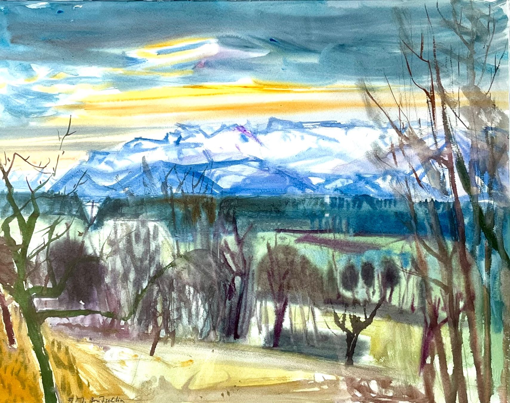 Dipinti: F. M. Brütschlin, Gemälde, Berge mit Abendrot – Usato da Olten venduto da peterblau 1