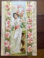 Antike Postkarte, Blumen mit Junger Frau