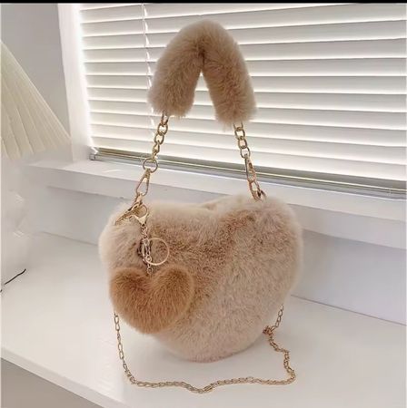 Neu! Herzige Plüsch Handtasche in Beige mit Goldkette