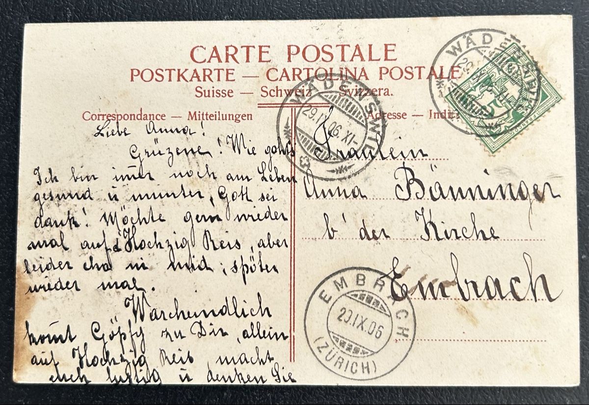 Ansichtskarten: Wädenswil J.  Schubiger 1906 – Gebraucht aus Horw von Tellbub 1