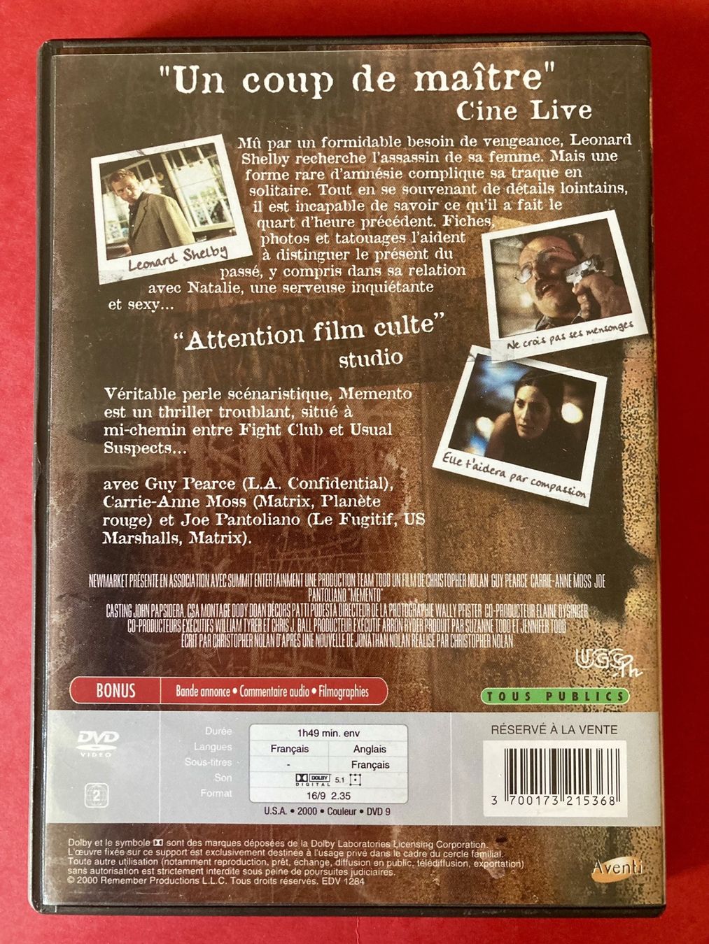 Tutti i DVDs: Memento (FR-ENG) Chrisopher Nolan - Guy Pearce, C.-A. Moss – Usato da Neuchâtel venduto da Rougesky 1
