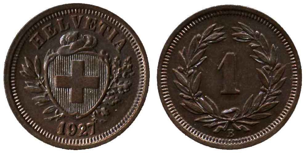 Alle Münzen: 1 Rappen 1927 (c) – Gebraucht aus Chiasso von Novamarketing