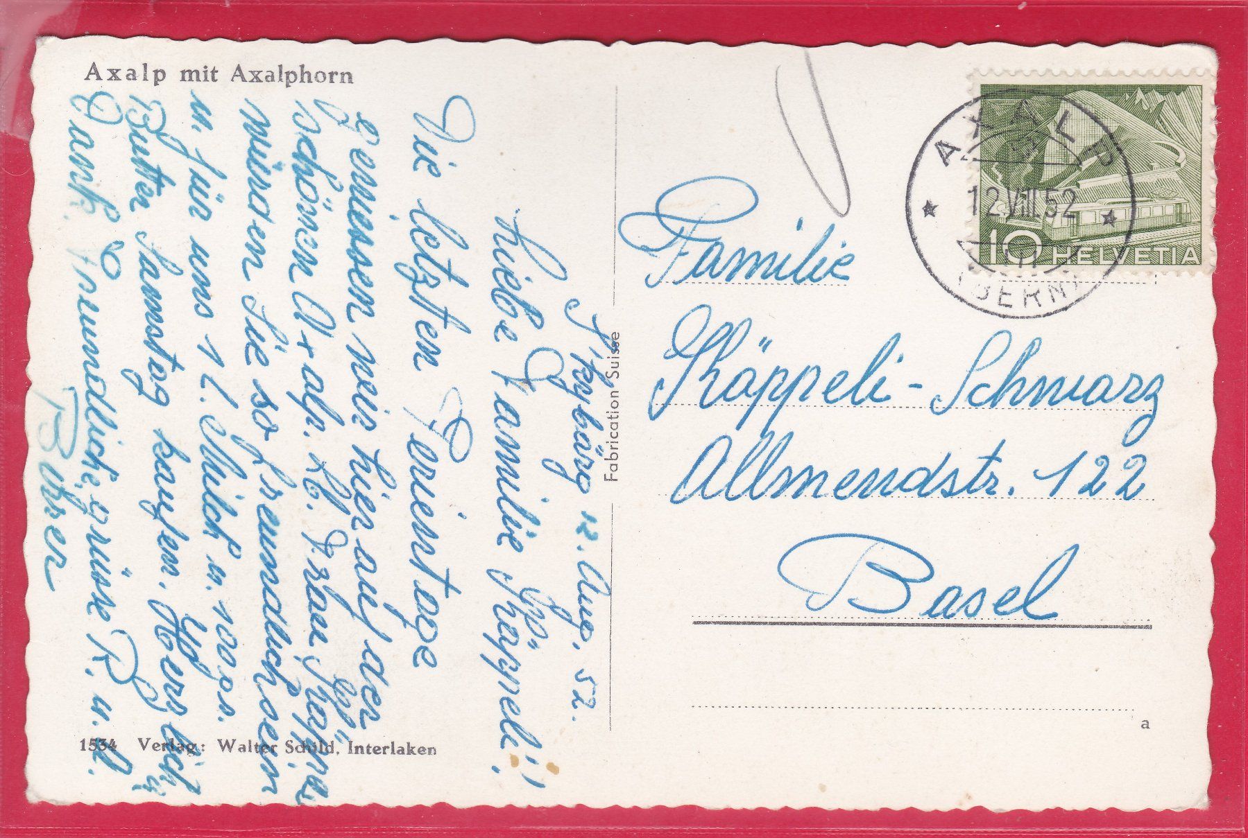 Cartoline postali: AXALP MIT AXALPHORN, 12.8.1952 – Usato da Oberrieden venduto da Gebirgsstelze 1