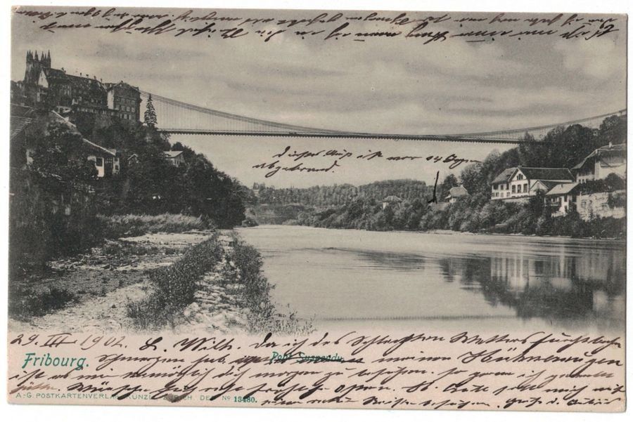 Cartoline postali: Fribourg, Pont Suspendu, circulée 1902 – Usato da Frauenfeld venduto da POML
