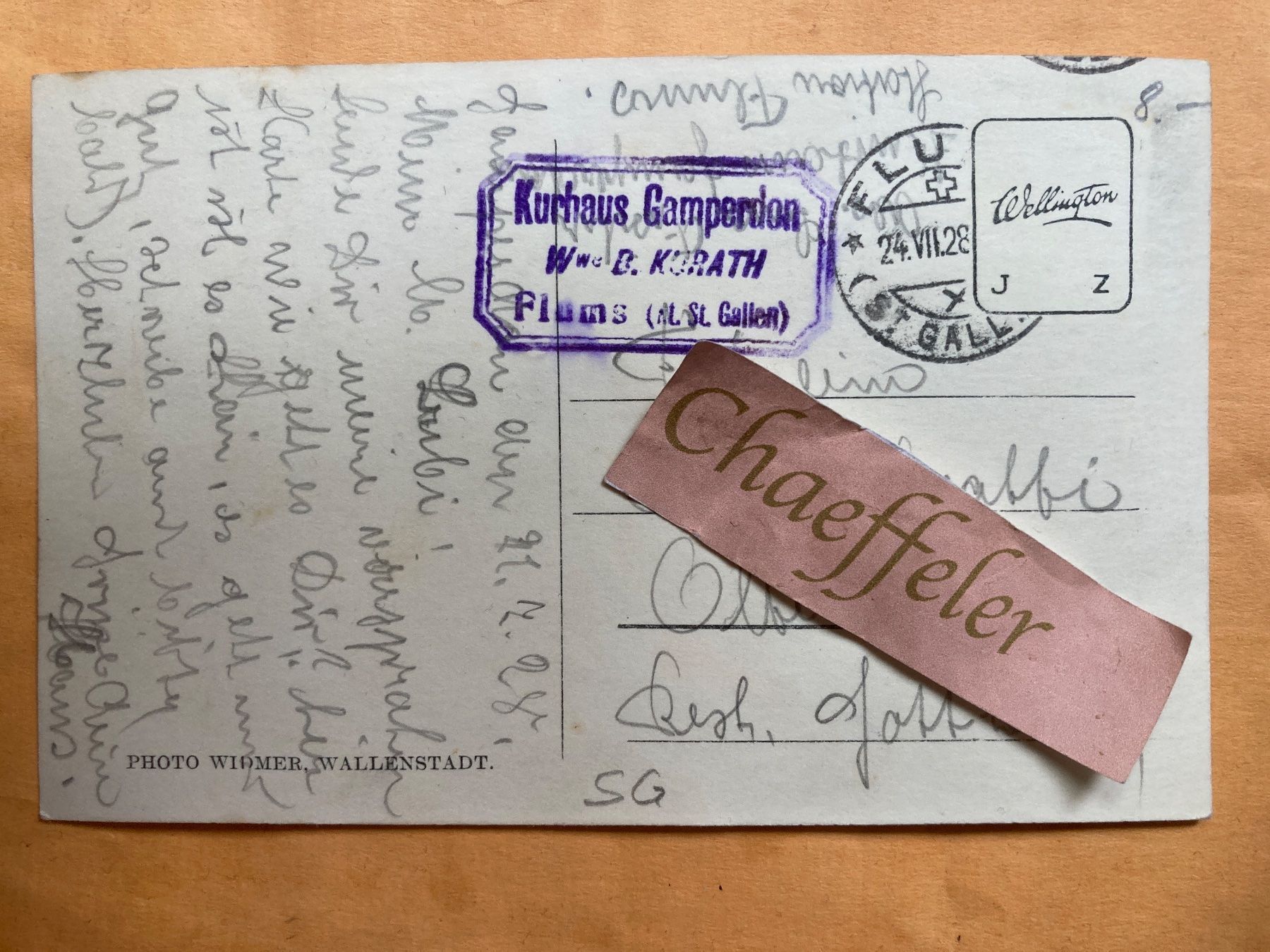 Cartoline postali: 1928 Hotel Gamperdon Flums – Usato da Zürich venduto da Chaeffeler 1