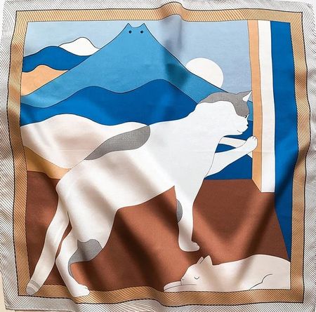 New 53cm Cat Print Silk Scarf, 100% Mulberry Silk