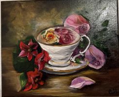Charmant tableau huile sur toile - Tasse de thé et roses 49