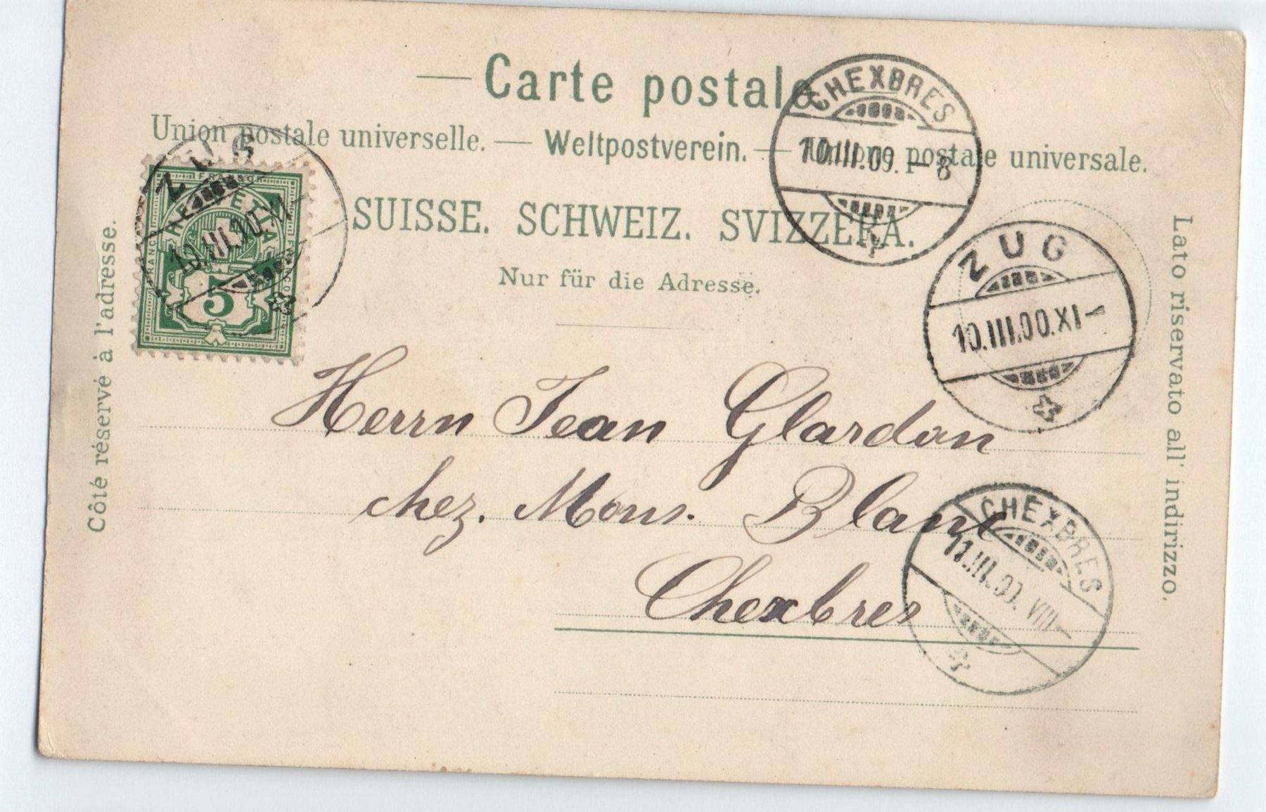 Cartoline postali: 3-Bild-LITHO Gruss aus ZUG 1900 – Usato da Jona venduto da philajona 1