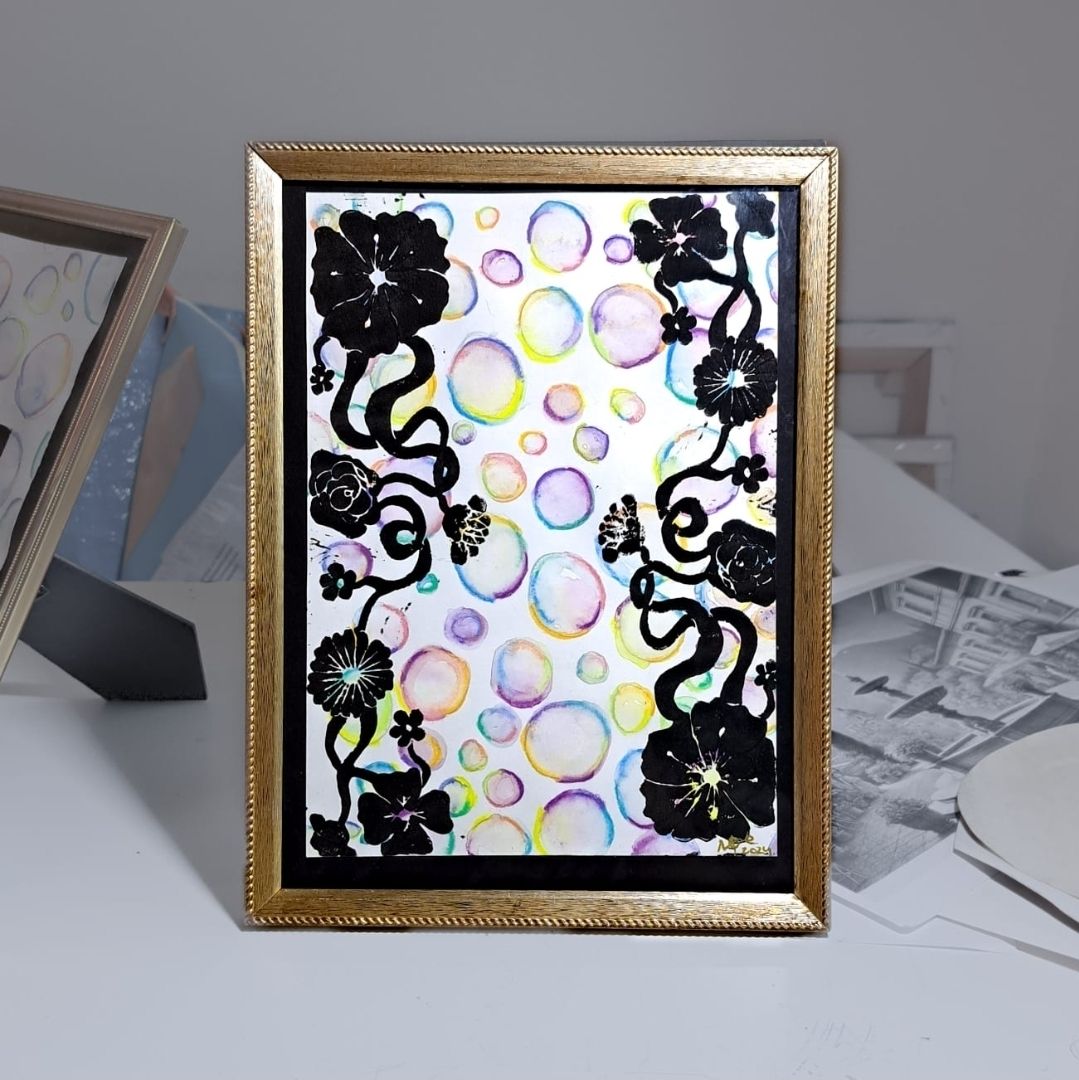 Dipinti: tableau avec dessin abstrait bulles et fleurs noir – Nuovo (secondo la descrizione) da St-Imier venduto da Mohe