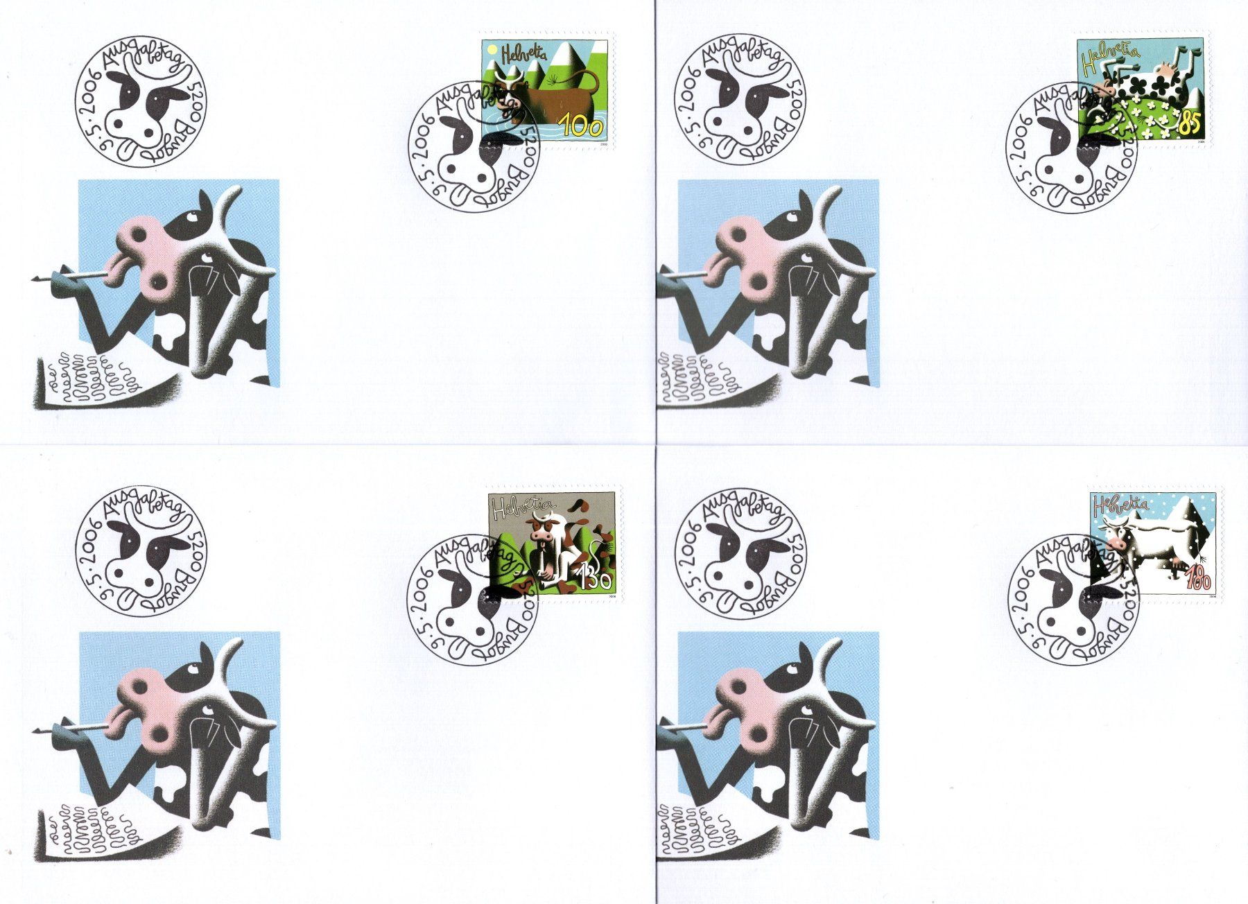 Alle Briefmarken: 2006 Kuh Comic Serie auf 4 seltenen Einzel-FDC's – Gebraucht aus Eglisau von Chperfins